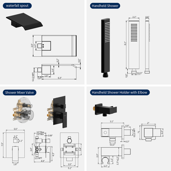 English Elm Male Npt Wall Mount Waterfall Tub Faucet Solid Brass Matte Black Bathtub Shower Kit T3177P277452