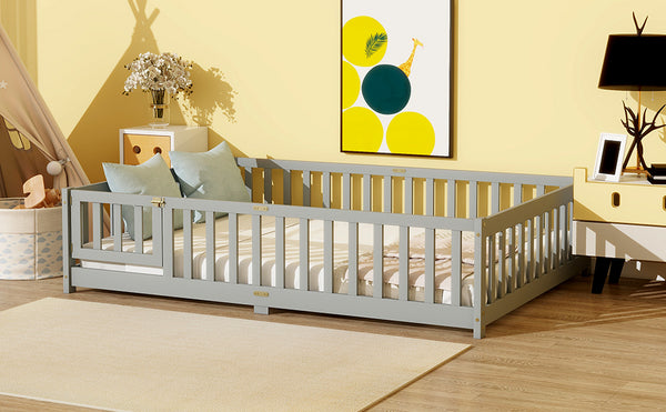 English Elm Full Size Rubberwood Floor Bed with Safety Guardrails and Latching Door for Toddlers Grey W504P429296