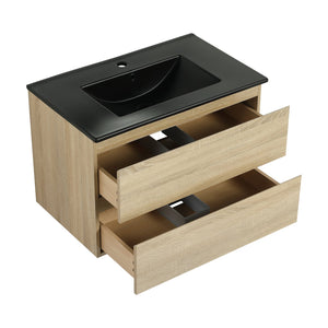 English Elm 30" Wall-Mounted Bathroom Vanity With Black Sink, Soft-Close Drawers, Modern Space-Saving Design W999S00194