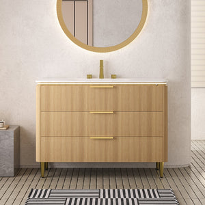 English Elm AMARA 48" Bathroom Vanity with Integrated Sintered Stone Basin, Pre-Assembled Plywood Cabinet, 3 Drawers, Motion Light Carrara White,Light Oak W2615P346340