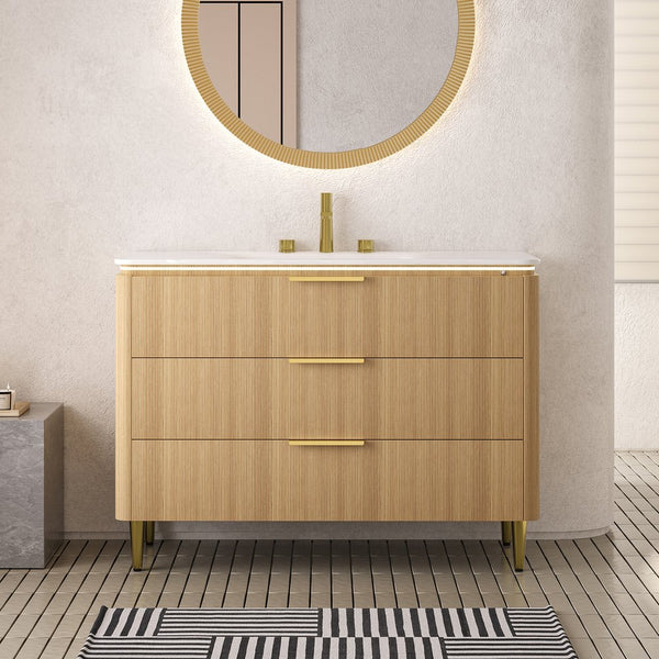 English Elm AMARA 48" Bathroom Vanity with Integrated Sintered Stone Basin, Pre-Assembled Plywood Cabinet, 3 Drawers, Motion Light Carrara White,Light Oak W2615P346340