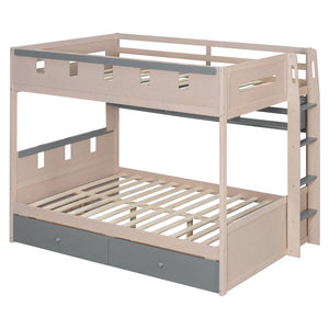 English Elm Full Size Castle Bunk Bed with Led Lighting Built in Shelf and Storage Drawers Gray LT000159AAE