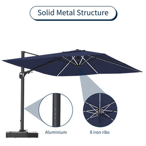 English Elm 11FT Square Cantilever Patio Umbrella with LED Light, UPF50+ 280g Solution-Dyed Fabric, Rust-Resistent Frame Blue 108.27 L x 16.54 W x 6.69 H T3609P352401