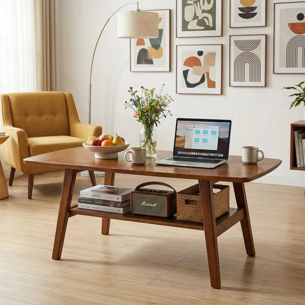 English Elm Mid Century Modern Solid Oak Two Tier Coffee Table with Open Shelf for Living Room Walnut W3204P469105