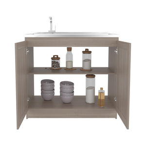 English Elm Haivana Utility Sink Cabinet 36" H x 39.4" W White Oak Finish with Double Doors, Shelf & Scratch-Resistant Surface B128S00057