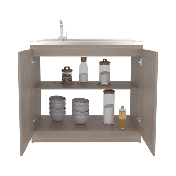 English Elm Haivana Utility Sink Cabinet 36" H x 39.4" W White Oak Finish with Double Doors, Shelf & Scratch-Resistant Surface B128S00057