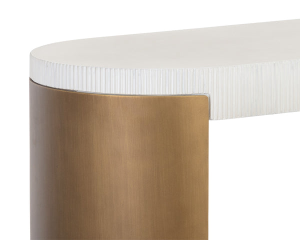 Sunpan Cavette Console Table – Opulent White Concrete with Antique Brass Frame for Indoor & Outdoor Elegance