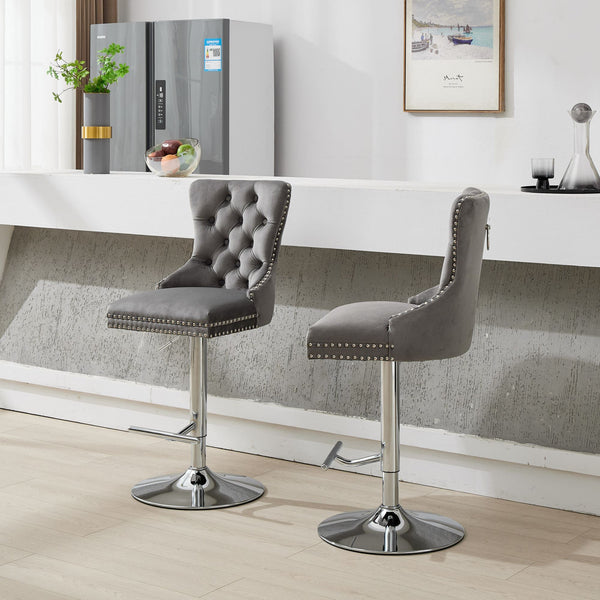 English Elm Thick Velvet Swivel Barstools Adjustable 25-33" Height with 17.7" Chrome Base, Tufted Diamond Pleat Elegance Gray W1143P335043