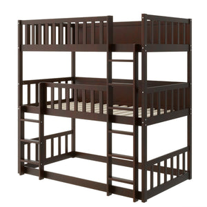 English Elm Twin Size Triple Bunk Bed In Espresso - Space-Saving Rubberwood Design With Ladders And Guardrails W504S00243-GIGA