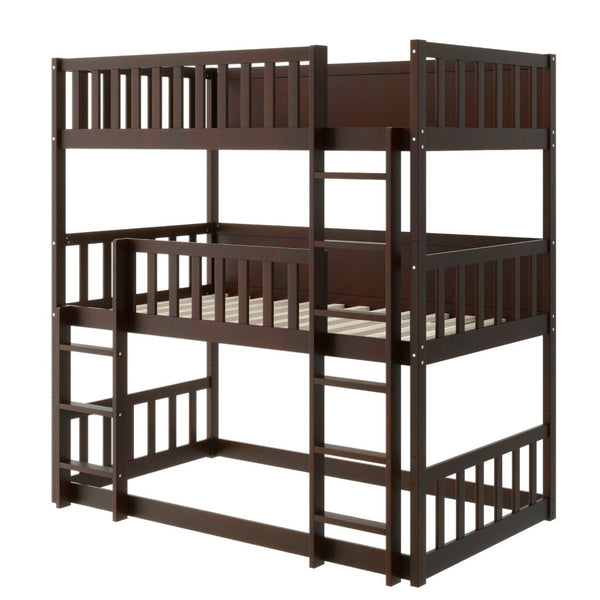 English Elm Twin Size Triple Bunk Bed In Espresso - Space-Saving Rubberwood Design With Ladders And Guardrails W504S00243-GIGA