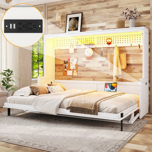 English Elm Queen Murphy Bed with Fold Down Desk Led Lighting and Usb Port for Home Office White W1580S00456