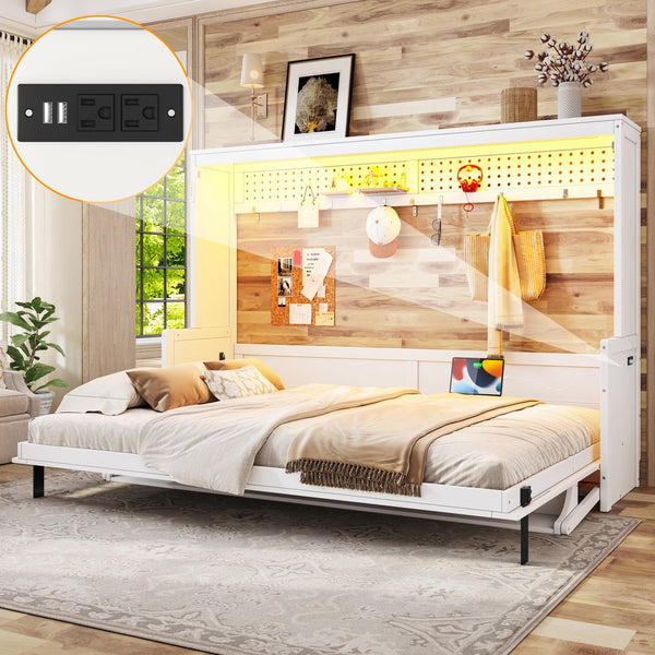English Elm Queen Murphy Bed with Fold Down Desk Led Lighting and Usb Port for Home Office White W1580S00456