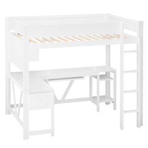 English Elm Wood Full Size Gaming Loft Bed With Desk, Led Lights, Storage Shelves & Charging Station - White N7090004022K-GIGA