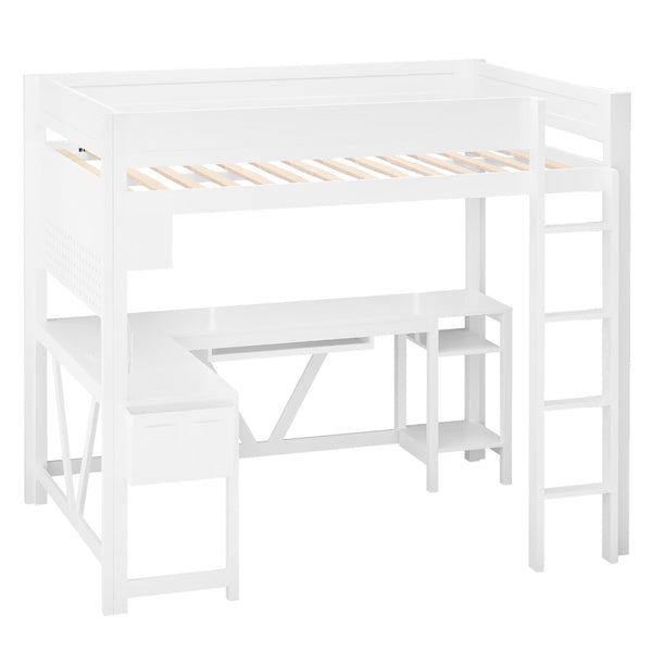 English Elm Wood Full Size Gaming Loft Bed With Desk, Led Lights, Storage Shelves & Charging Station - White N7090004022K-GIGA