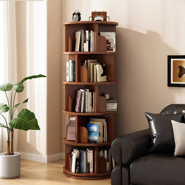 English Elm 5 Tier Rotating Bookshelf Tower with 360° Spin, Space-Saving Corner Display, Modern MDF Storage Unit Walnut W3204P355670