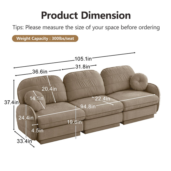 English Elm 105"chenille Cloud Sofa Quilted Plush Three Seater with Deep Cushions for Living Room Light Coffee W714S01759