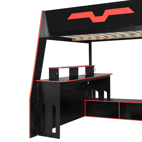 English Elm Full Size Wood Loft Bed with Rgb Lighting Desk and Multi-tier Shelves for Gaming Red LT000374AAR
