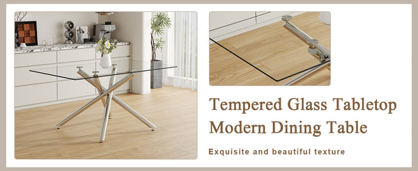 English Elm Table Set - Modern Luxurious Transparent Glass Dining Table With 4 White Pu Chairs & Silver Legs W1151S04192-GIGA