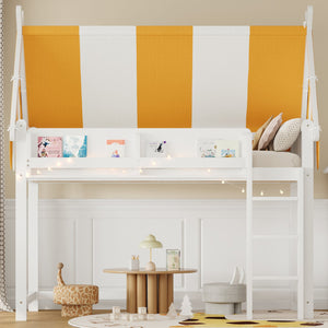 English Elm Twin Solid Wood Loft Bed with Led Lights Canopy Bookshelf for Kids Bedroom White N7090002241K