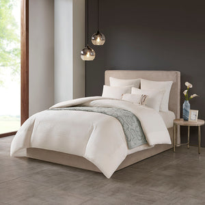 JLA Home N Natori - Cotton Yarn-Dyed 3-Piece Duvet Cover Set with Textured Cottage Appeal, Button Closure & Ties White NS12-3245