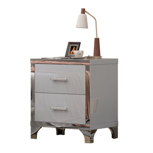 English Elm High Gloss Mirrored 2 Drawer Nightstand Slim Metal Legs Modern Bedroom Side Table Grey W5271P416536
