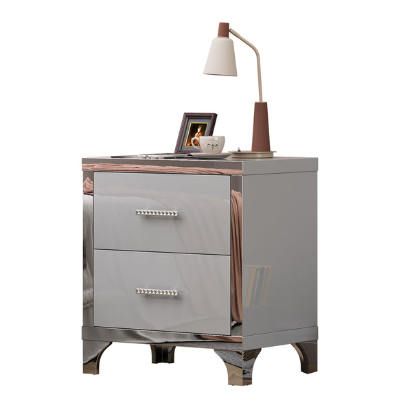 English Elm High Gloss Mirrored 2 Drawer Nightstand Slim Metal Legs Modern Bedroom Side Table Grey W5271P416536
