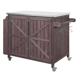 English Elm K&k Rolling Outdoor Kitchen Island Solid Fir Wood Stainless Steel Top Storage Cabinet Dark Brown N707P370287Z