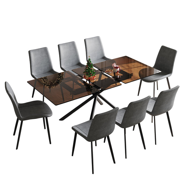 English Elm 59-inch Expandable Glass Top Dining Set Seats 8 with Upholstered Chairs X-base W2700S00083