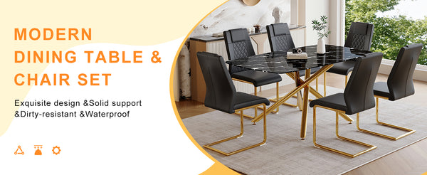 English Elm Table and Chair Set Marble Glass Top with Sculptural Gold Legs Six Seat Glam Dining Black+Gold W1151S03293