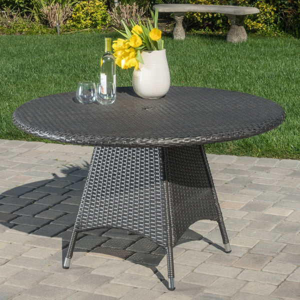 English Elm Christopher Knight Home® - CORSICA Round Dining Table in Grey Rattan with Silver-Tip Legs — Durable Woven Outdoor Entertaining N776P339670E