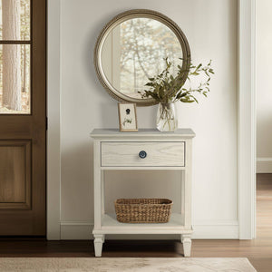 English Elm Victoria Aged Oak Nightstand with Solid Wood Legs, Wire-Brushed Veneer, Drawer & Open Shelf Cream 27 L x 22.75 W x 27.63 H B035P341165
