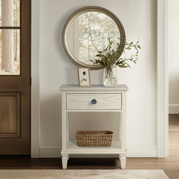 English Elm Victoria Aged Oak Nightstand with Solid Wood Legs, Wire-Brushed Veneer, Drawer & Open Shelf Cream 27 L x 22.75 W x 27.63 H B035P341165