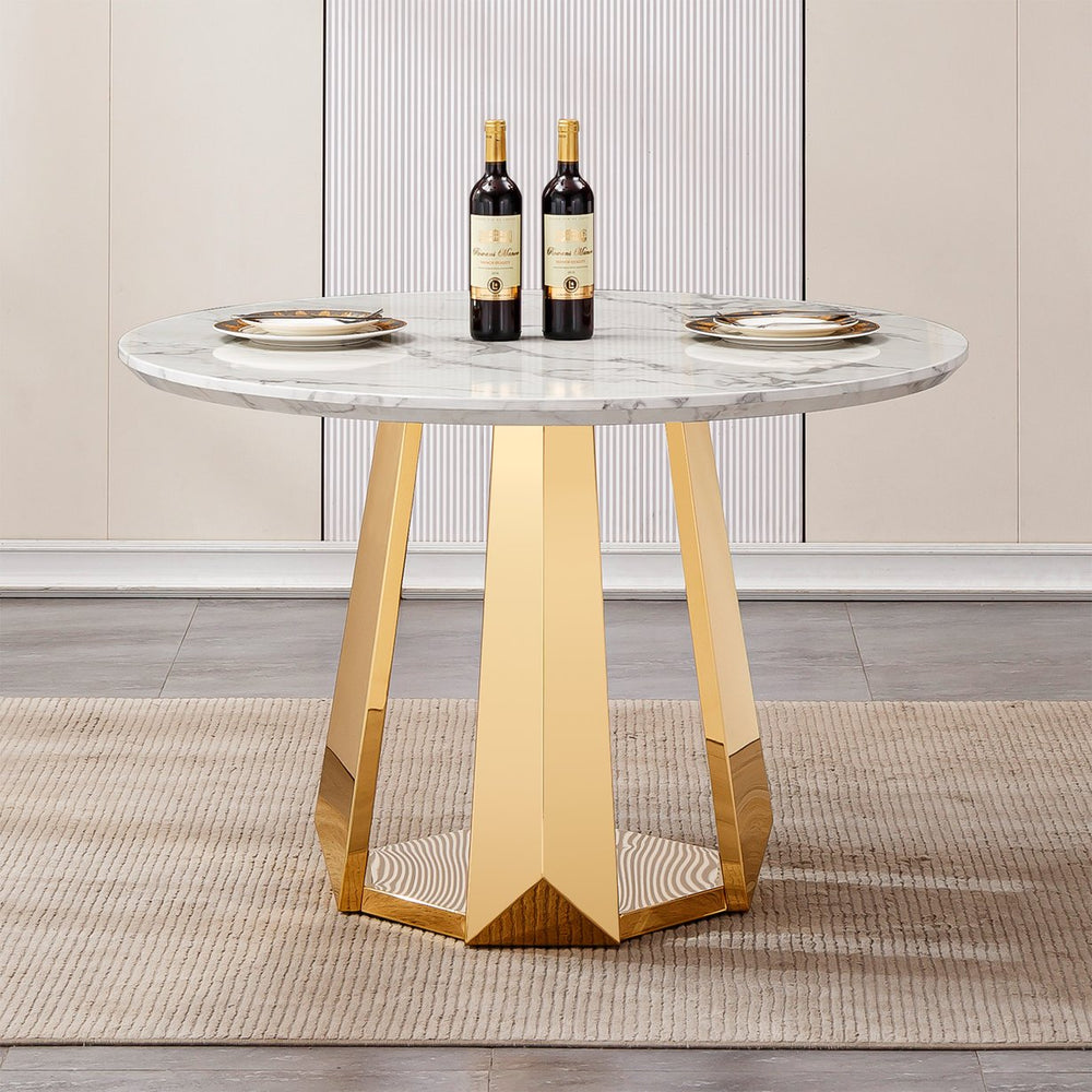 English Elm 47" Round Marble Dining Table - Modern High Gloss Faux Marble Top & Stainless Steel Base For Stylish Spaces W3456S00010
