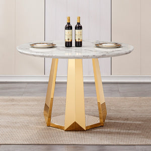 English Elm 47" Round Marble Dining Table - Modern High Gloss Faux Marble Top & Stainless Steel Base For Stylish Spaces W3456S00010