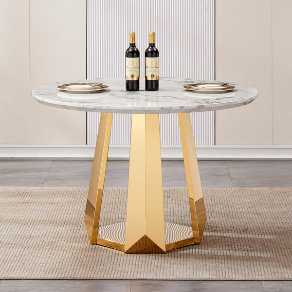 English Elm 47" Round Marble Dining Table - Modern High Gloss Faux Marble Top & Stainless Steel Base For Stylish Spaces W3456S00010