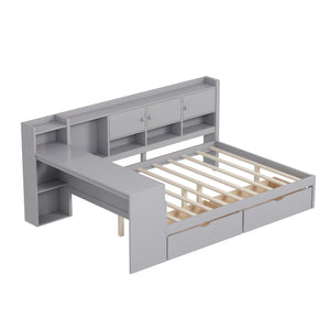 English Elm Full Full Size Daybed with Storage: L-Shape Wooden Frame, 3 Cabinets 2 Drawers, Desk & Bookshelf Gray N733S247077E