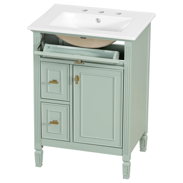 English Elm 24-Inch Bathroom Vanity with Sink, Solid Wood & MDF, Ceramic Top, Gold Handles, Flip Drawer Design Green N725P350824F