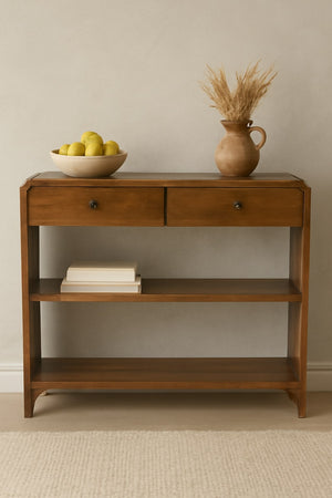 English Elm Artisan Solid Mango Wood Wall Mounted Console Table Amber Oak Entryway Shelf B182P436010