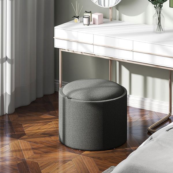 English Elm Linen Upholstered Round Ottoman with Flip Top Tray and Hidden Interior Storage T3971P406028