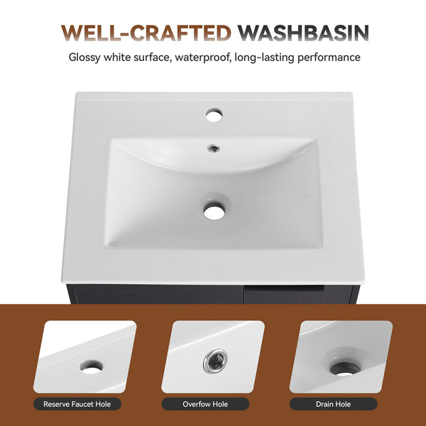 English Elm 24" Wall Mounted Bathroom Vanity Dark Oak Open Shelf Ceramic Sink Soft Close Door W3450P435828