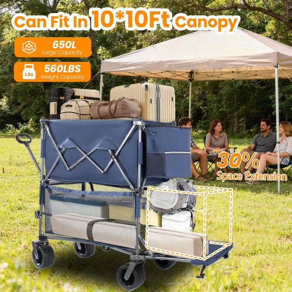 English Elm 55" Double Decker Collapsible Wagon 560lb Capacity Alloy Steel Frame All-terrain Wheels Dark Blue W2932P405186