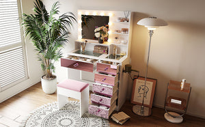English Elm Vanity Desk with Hollywood Bulbs Glass Top Pink Glam Drawers and Cushioned Stool N704P340246K
