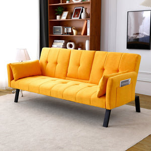 English Elm 70-inch Foldable Cotton Linen Sofa Bed with Cup Holder & Side Storage, Space-Saving 2-Seater Design Yellow W3371P337202