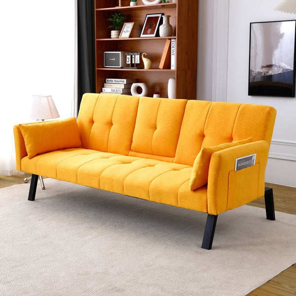 English Elm 70-inch Foldable Cotton Linen Sofa Bed with Cup Holder & Side Storage, Space-Saving 2-Seater Design Yellow W3371P337202