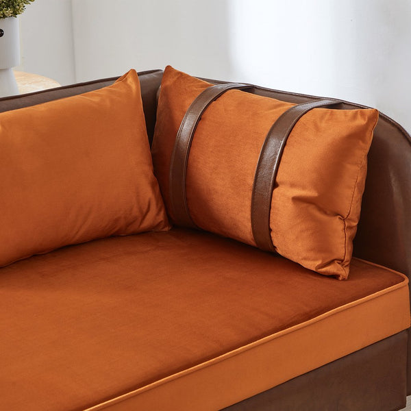 English Elm 65" Velvet Storage Chaise Lounge with Pu Leather Panels Eucalyptus Frame Accent Seat Orange+Dark Brown W1097P434116