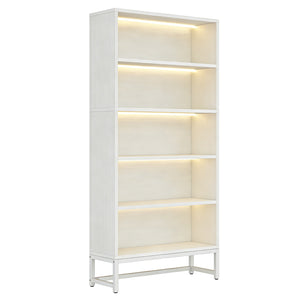 English Elm Tall Five Tier Bookcase with Led Shelf Lighting White Mdf Frame Living Room Display W3204P454083