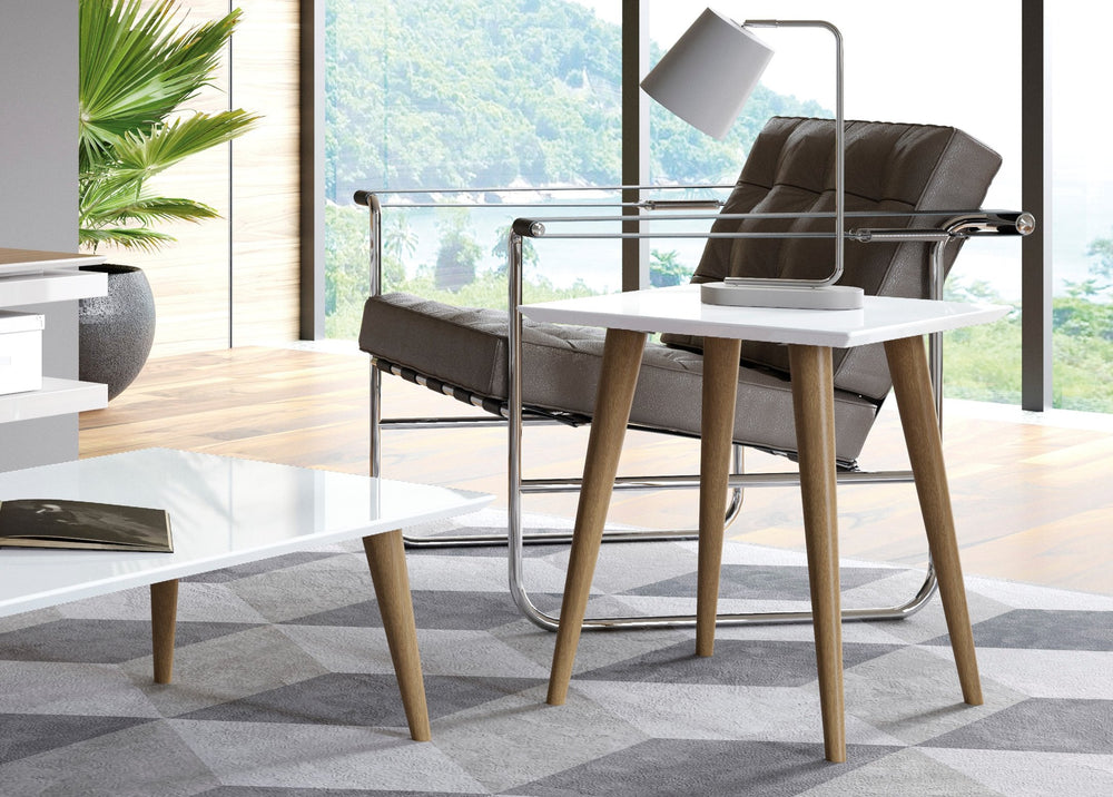 English Elm Utopia Lacquered 17" Square End Table with Solid Wood Splayed Legs, Sleek Durable Accent Piece White B365P398489