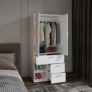 English Elm Armoire with Built-In Mirror and Ample Storage — 4 Doors, 2 Drawers, 4 Shelves, Eco-Friendly Finish White 74.02 L x 24.8 W x 3.54 H B097S00214
