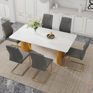 English Elm Table Set With Glass Top & Imitation Marble - 6 Comfortable Pu Chairs & Golden Stainless Legs W1151S04349-GIGA
