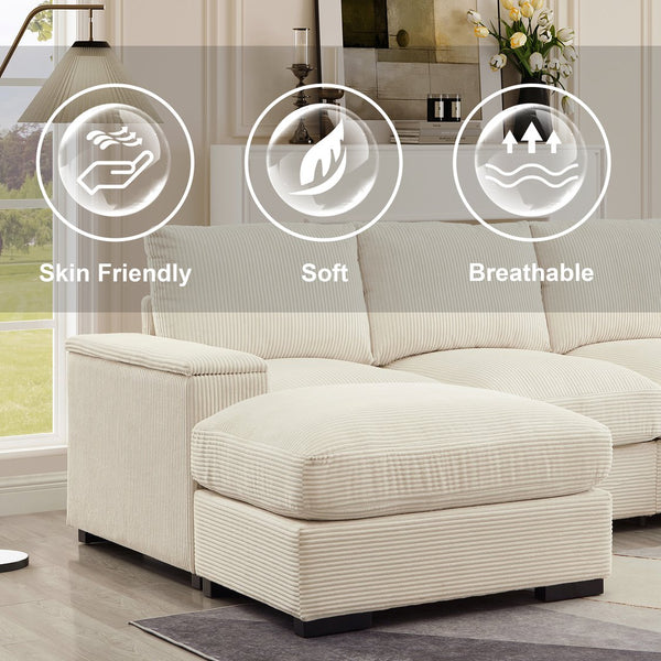 English Elm 122"l Corduroy Sectional with Dual Ottomans Modular U-shape Sofa for Modern Living Beige W1669S00020